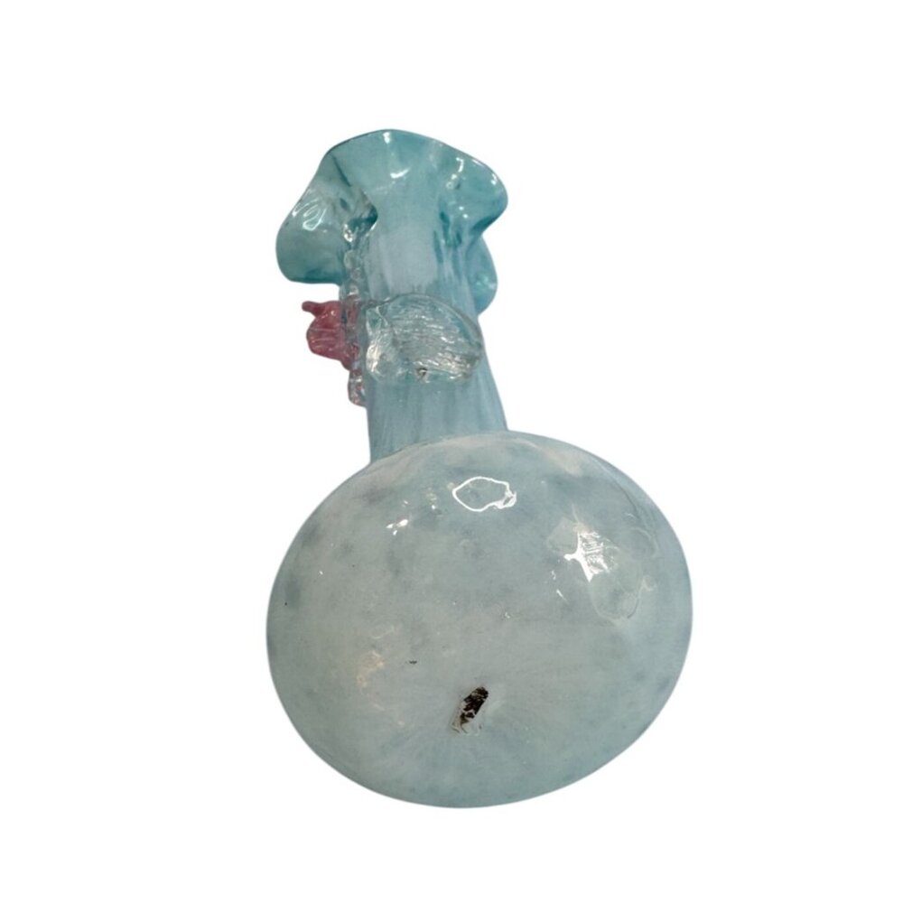 Handcrafted Blue Lace Glass Vase With Pink Rose Embellishment 7" - Picture 6 of 7